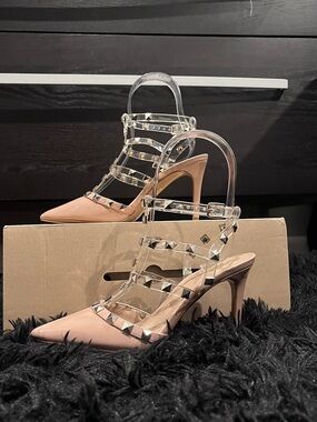 Mix No. 6 Nude Pink Pointed-Toe Studded Clear-Strap Heels size 7 M